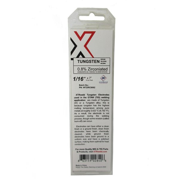 Xtrweld 0.8% Zirconiated Tungsten Electrode, 1/16, White, 10PK WTZIRC8062